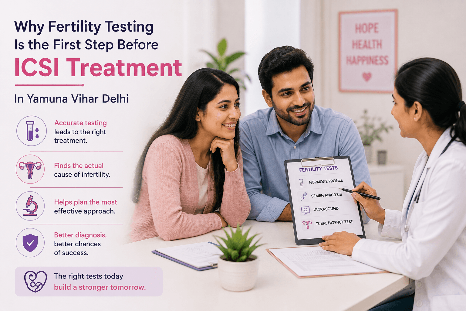 Couple discussing fertility testing with a doctor before ICSI treatment in Yamuna Vihar, Delhi.